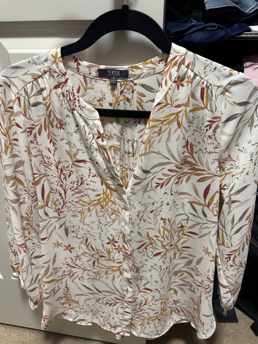 NYDJ Cream Floral Button-Front V-Neck Blouse with Rust & Mustard Accents